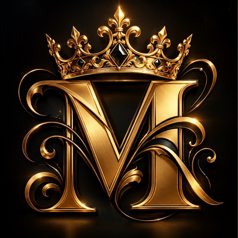 Monograma M dourado ornamentado com coroa de rei